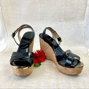 JIMMY CHOO Black Patten Leather Cork Wedge Sandals.